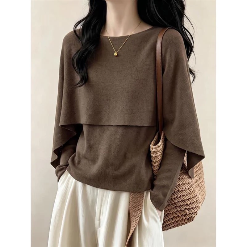 Early Autumn Cloak Shoulder Fake Two-Piece Loose Long Sleeve Overhead Commute Women's High-End Feeling Polyester Fiber
