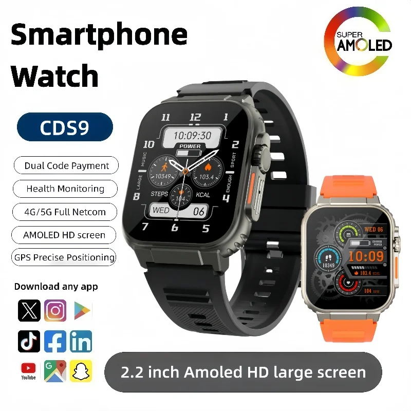 

CDS9Android Smartwatch Ultra 4G Network SIM Card 2.2 inch Amoled 180°Rotary Camera GPS WIFI Global Call Smart Watch Men Ultra 5G