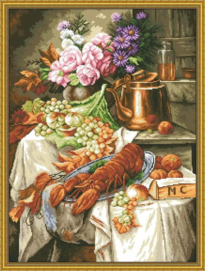 

Cross Stitch Embroidery Threads Kit, Embroidery Set, still Life, Flower, Lobster, Fruit, Dessert, 46-59