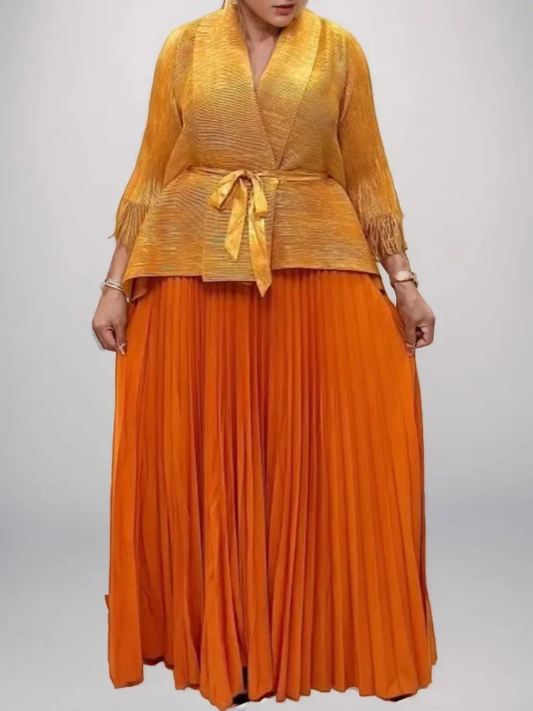 

Pleated Two-Piece Women's Lapel Tassel Tie Top + A-Line Loose Half-Body Skirt Holiday Dress Miyake 2025 Summer New Clothing