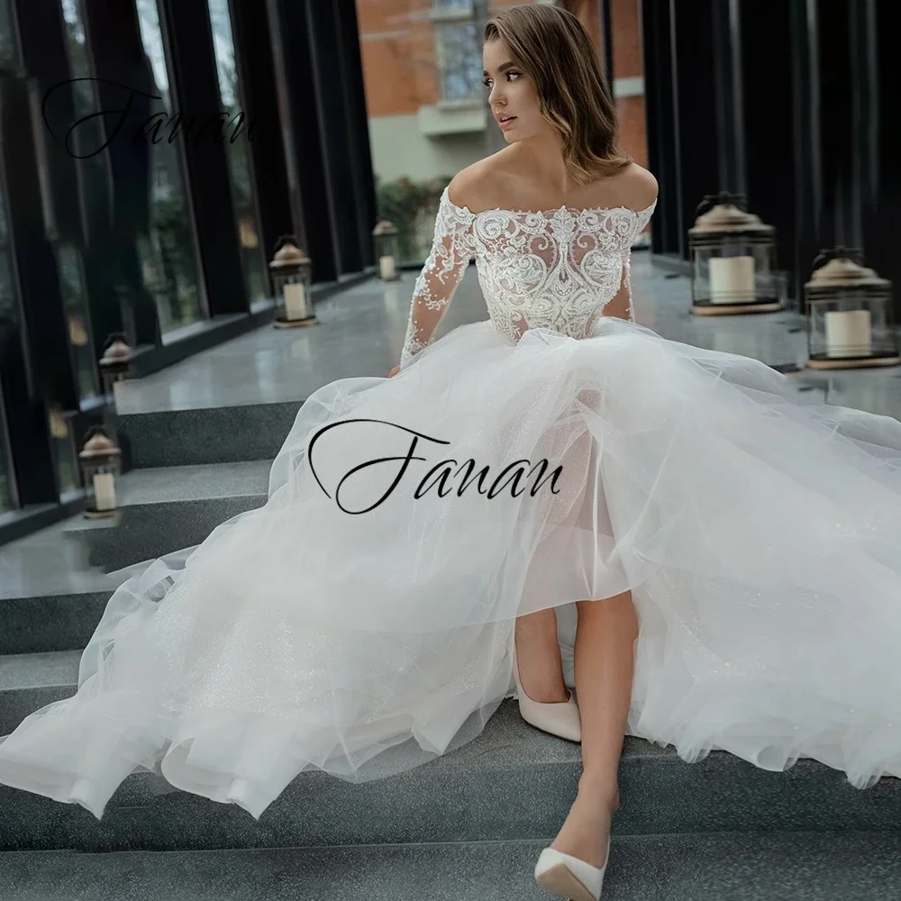 Robe de mariée en dentelle, col bateau, transparente, ligne a, manches longues, perles, Tulle, robe de soirée, robe de mariage