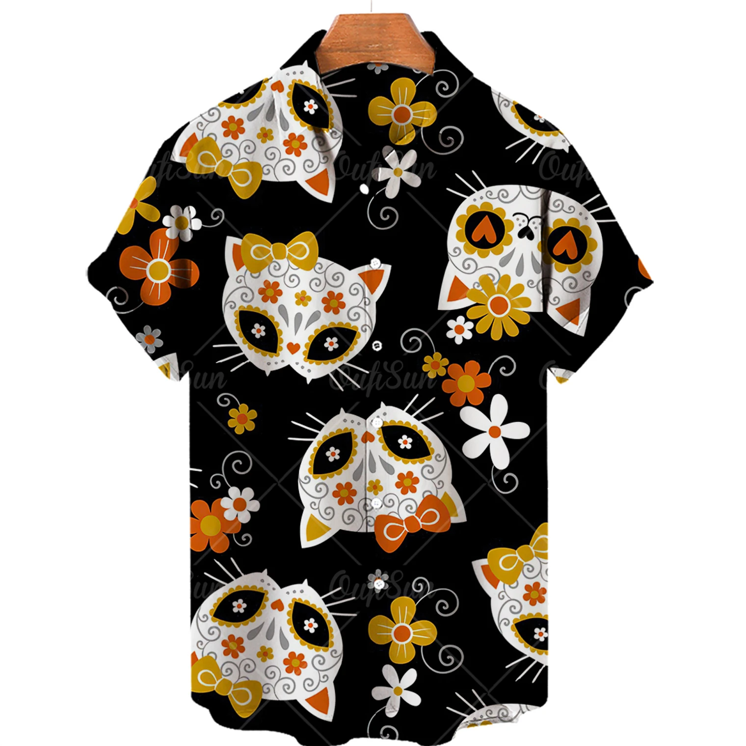 Hawaiian Short Sleeve Men\'s Shirt, Casual Shirt with Cute Cat Print, Lapel, V-neck, Beach, Summer, 5xl, 2022