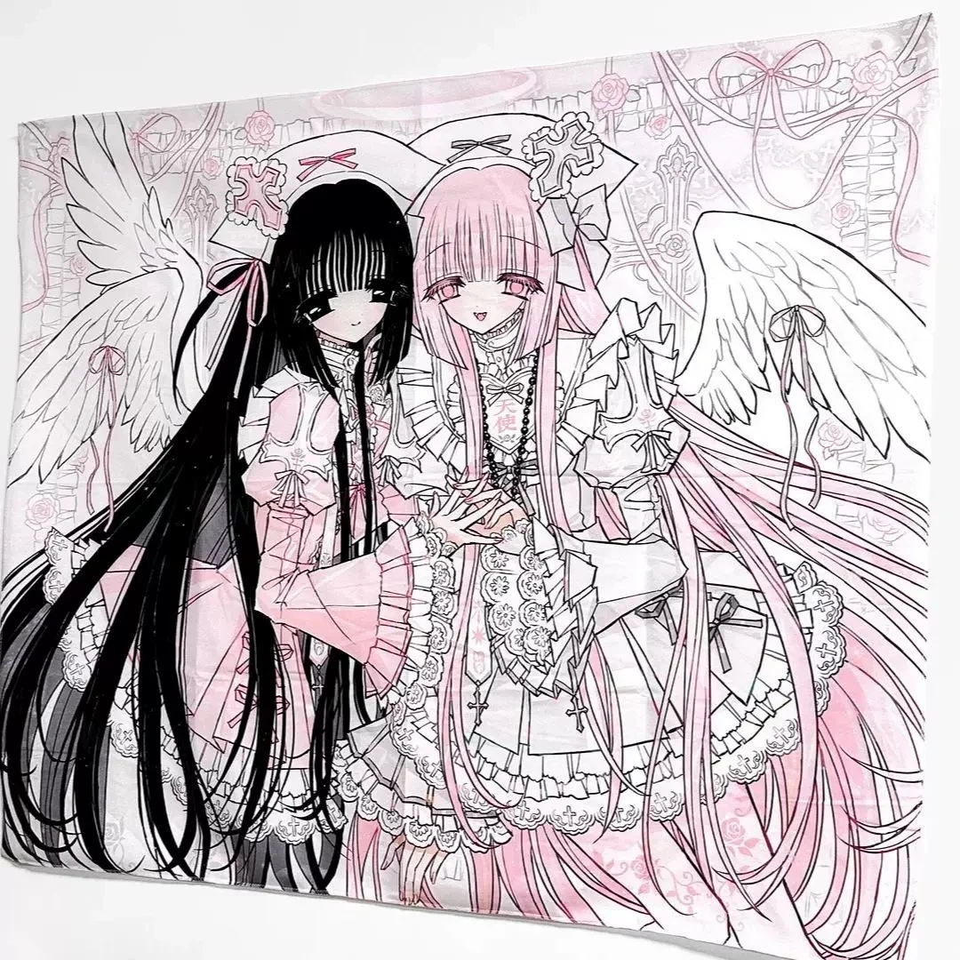 Ins-Style Schwarz-Rosa Zwillingsengel Wandbehang, Hochwertiger Wandteppich für Mietwohnungen/Wohnheime, Mädchenhafter Dekorativer Stoff.