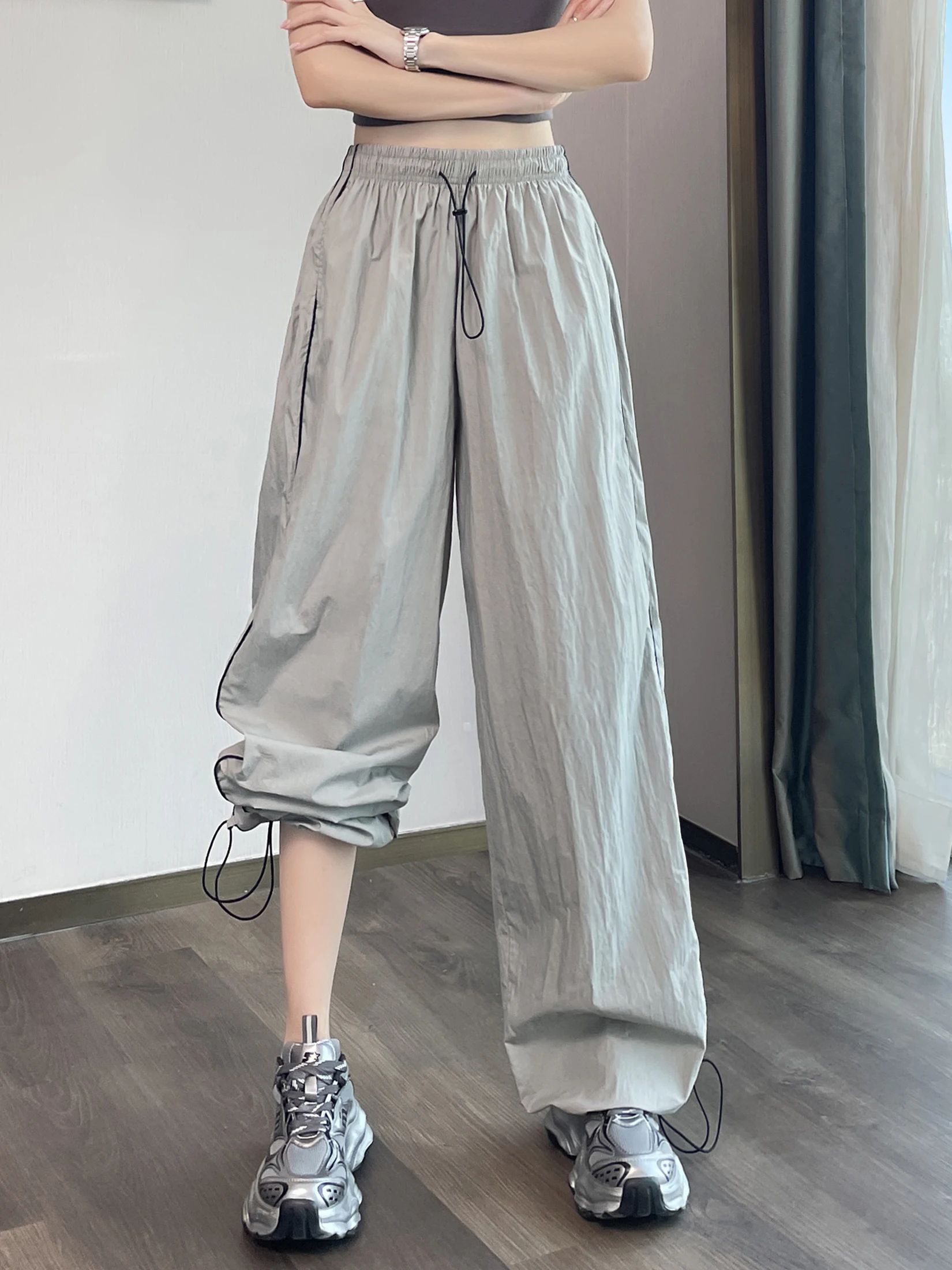 Quick Dry Ice Silk Women's Work Trousers Side Stripe Light Thin Straight Leg Cuffed Hiking Pants Comfortable Casual Pants