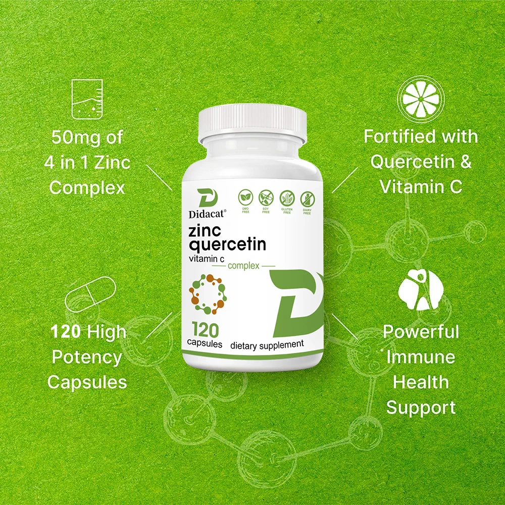 Vitamin C + Zinc Capsules - Quercetin Supplement - Helps with Immunity, Cell Health, Skin Health and Collagen, Non-GMO