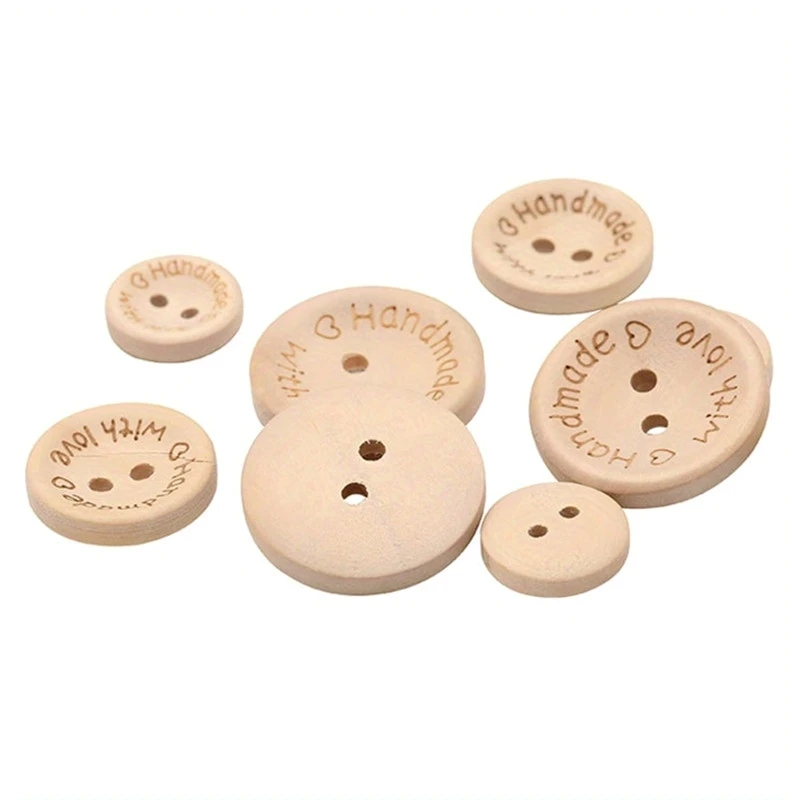 100/140 Pcs Assorted Sizes Wood Buttons Set, Natural Khaki Handmade with Love Tags for Sewing,Crafting, DIY Clothing Accessories