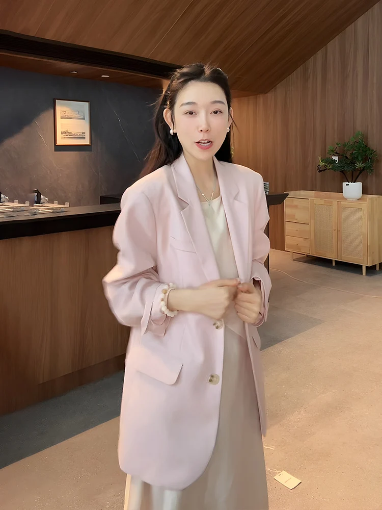 

Женский повседневный элегантный топ OUDOEE свободного кроя, розовый, для офиса, с воротником-стойкой, из дышащего полиэфирного волокна, с длинными рукавами