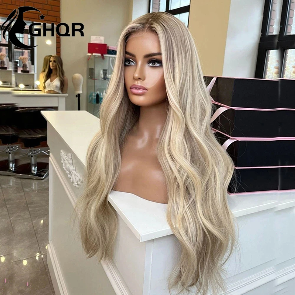 Highlights Blonde Human Hair Wigs Brown Roots Colored 360 Lace Frontal Wig Natural Wavy Transparent Lace preplucked human wig