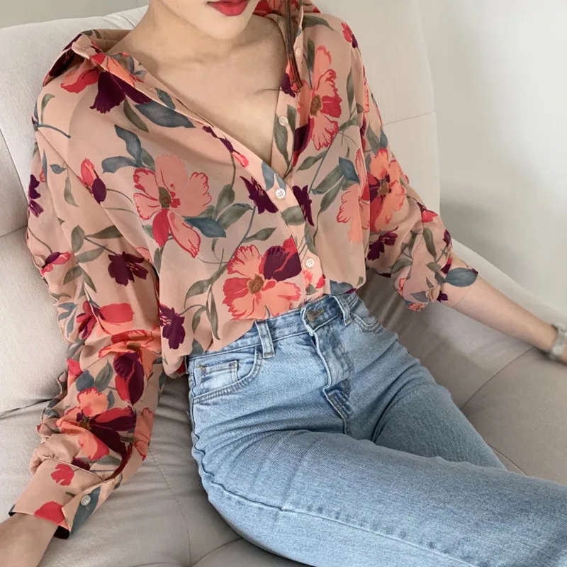 Summer Women\'s Chiffon Shirt Female Retro Fashion Flower Print V-Neck Top Floral Loose Elegant Long Sleeve Tops For Lady