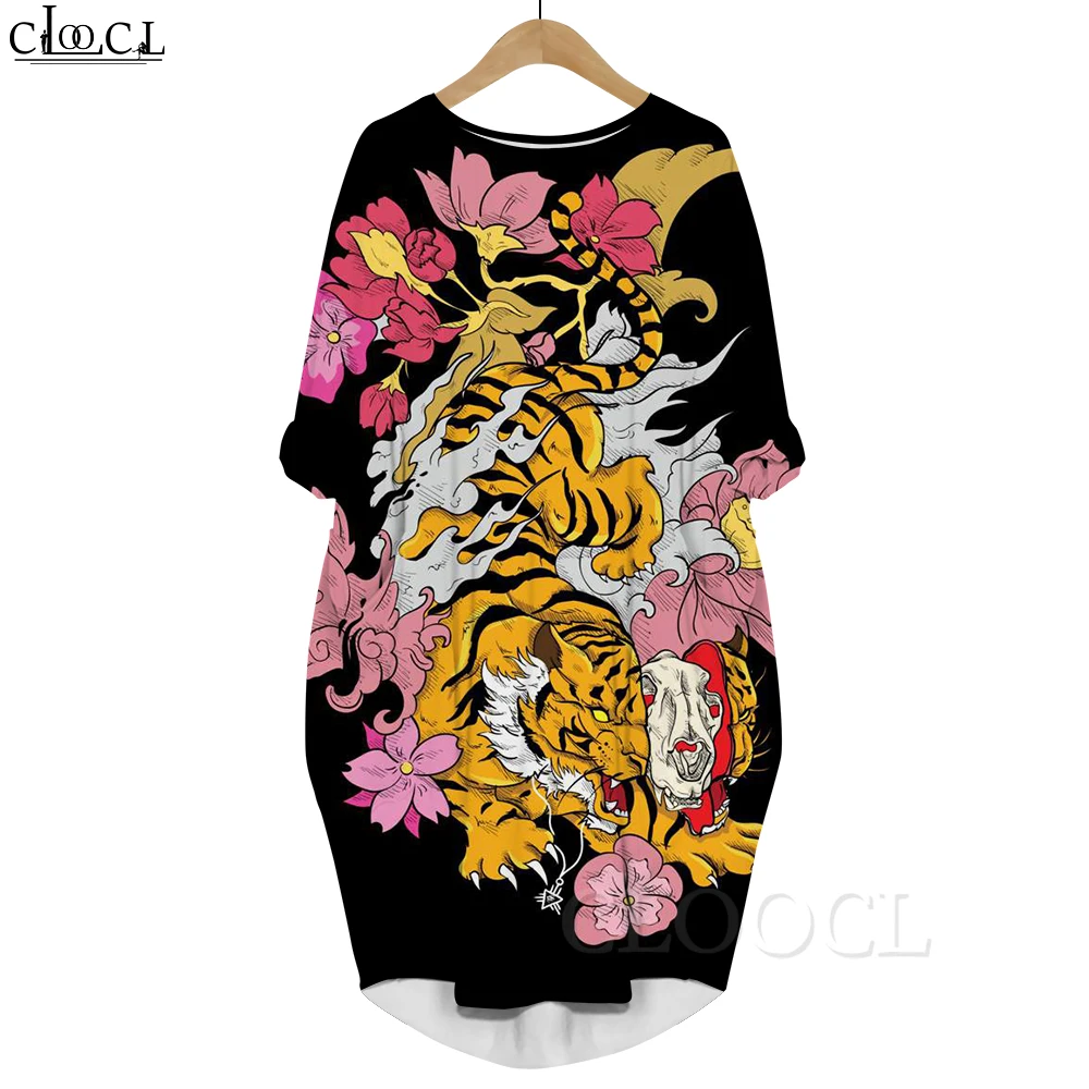 

CLOOCL Autumn 2022 Fashion Printed Dress Vintage Zodiac Tiger Art Pattern Long Sleeves Pocket Dress Loose Casual Party Clothing