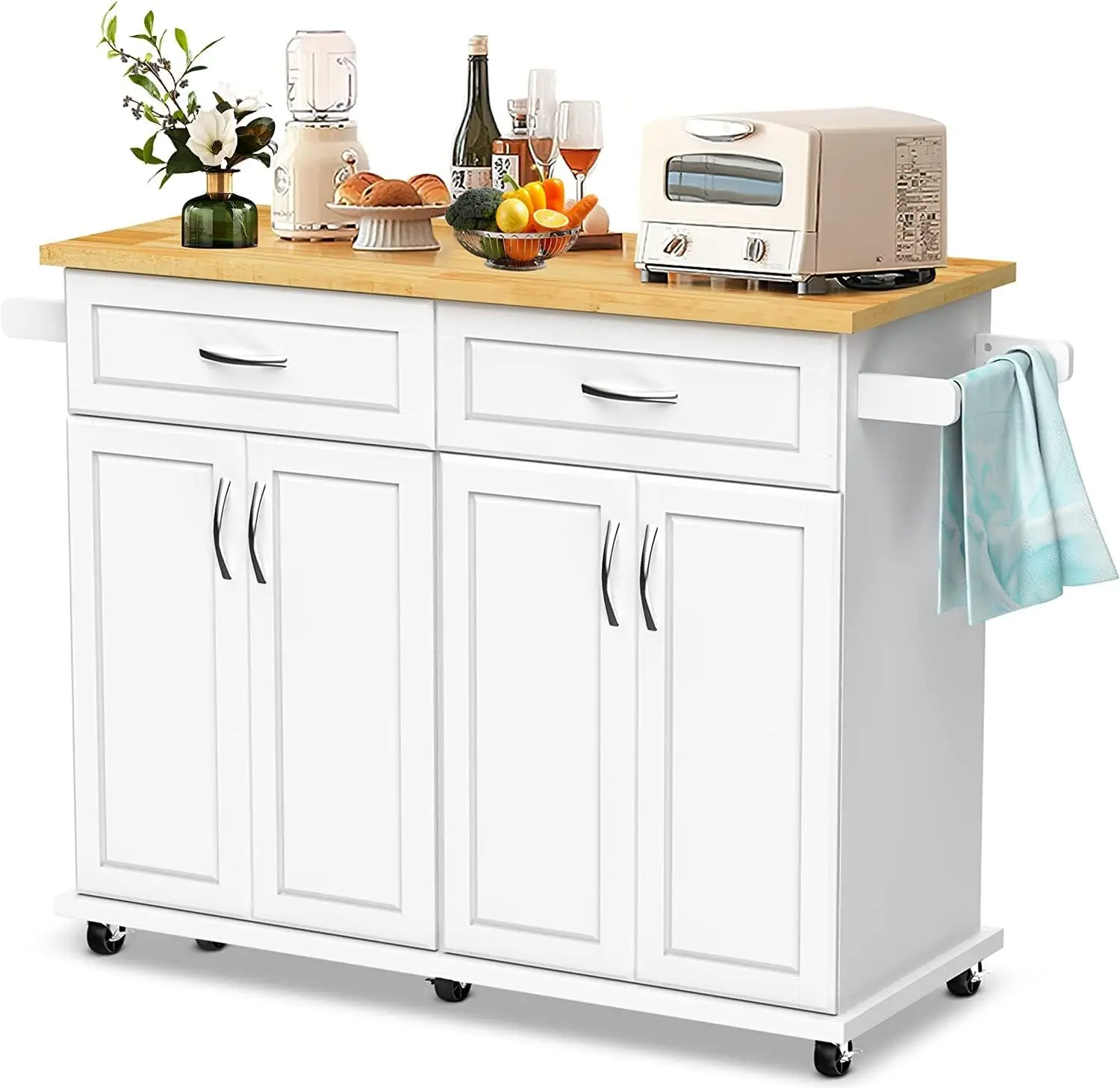 

Pliwier Kitchen Island Cart on Wheels with Cabinet, Rubberwood Countertop, Lockable Casters, Adjustable Shelves, Kitchen Storage