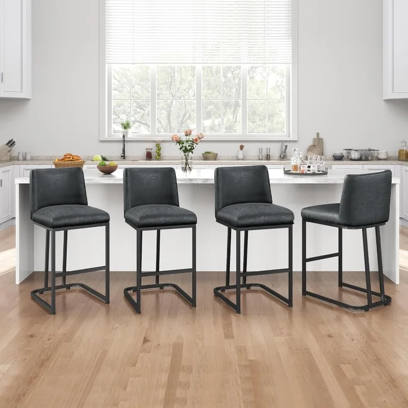 Black Counter Height Bar Stools 24'' Kitchen Bar Stools Set of 4 Upholstered Modern Island Chairs with Back and Metal Legs