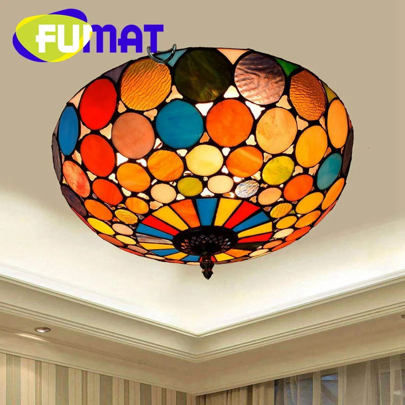 FUMAT-خمر الزجاج الملون ضوء السقف ، LED ديكور ، مصباح السقف ، تيفاني نمط ، بريق ، مستديرة ، غرفة المعيشة ، غرفة نوم ، المدخل ، شرفة ، 16"