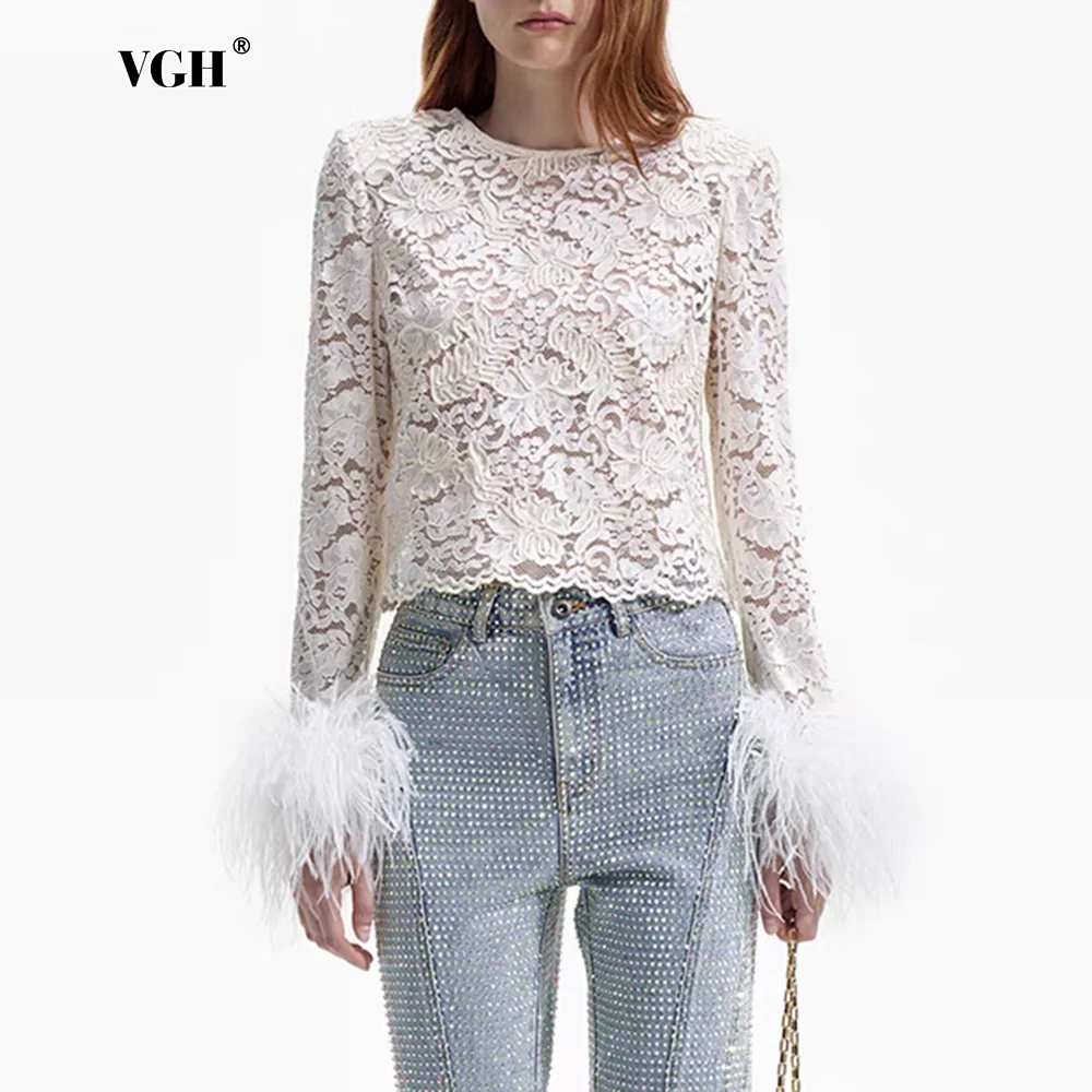 VGH Solid Spliced Feather Loose Blouse For Women Round Neck Long Sleeve Patchwork Zipper Eleagant Chic Shirt Female Fashion New