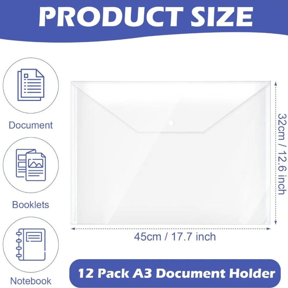 12 Pack A3 Clear Plastic Wallet A3 Snap Button Wallets Folder Plastic Wallets Folder File Organizer for Office, School, Home