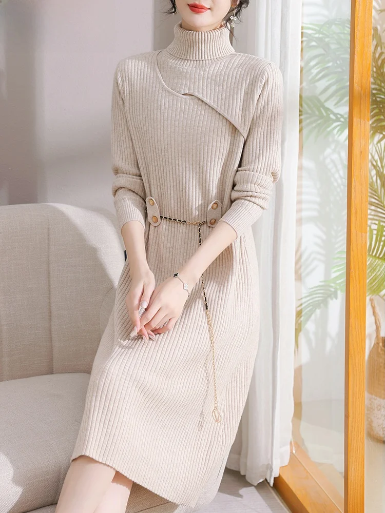 

Faionable Knitted Long Dr for Middle-Aged Women Autumn Winter Base Layer Skirt Straight Cut Hollow out Design Polyester ...