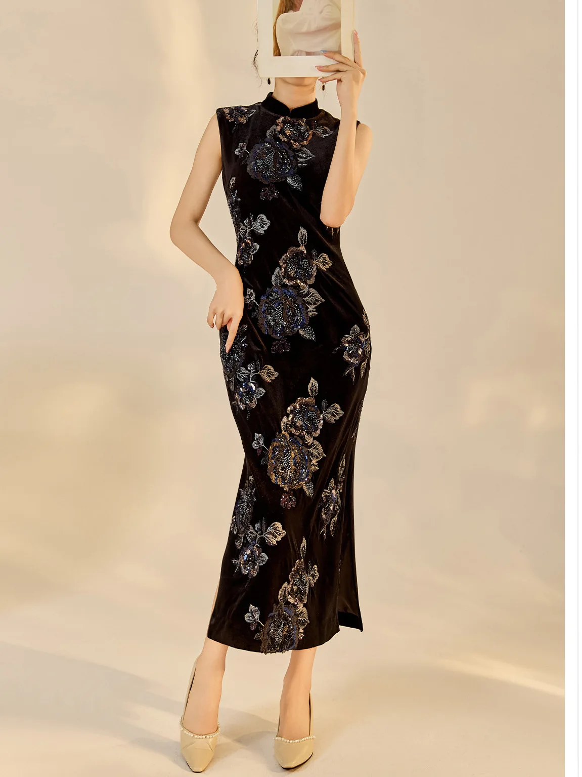 

New Chinese Sle Heavy Embroidery Sequin Bla Velvet Dr Young Version Luxury Tassel awl Set Women's Faion