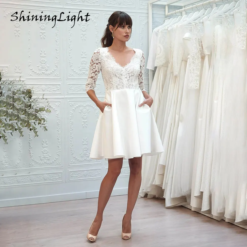 

ShiningLight Mini Lace and Satin Boho Wedding Dress V-Neck Half Sleeves Short A-Line Bridal Gowns Vestidos De Novia Customized