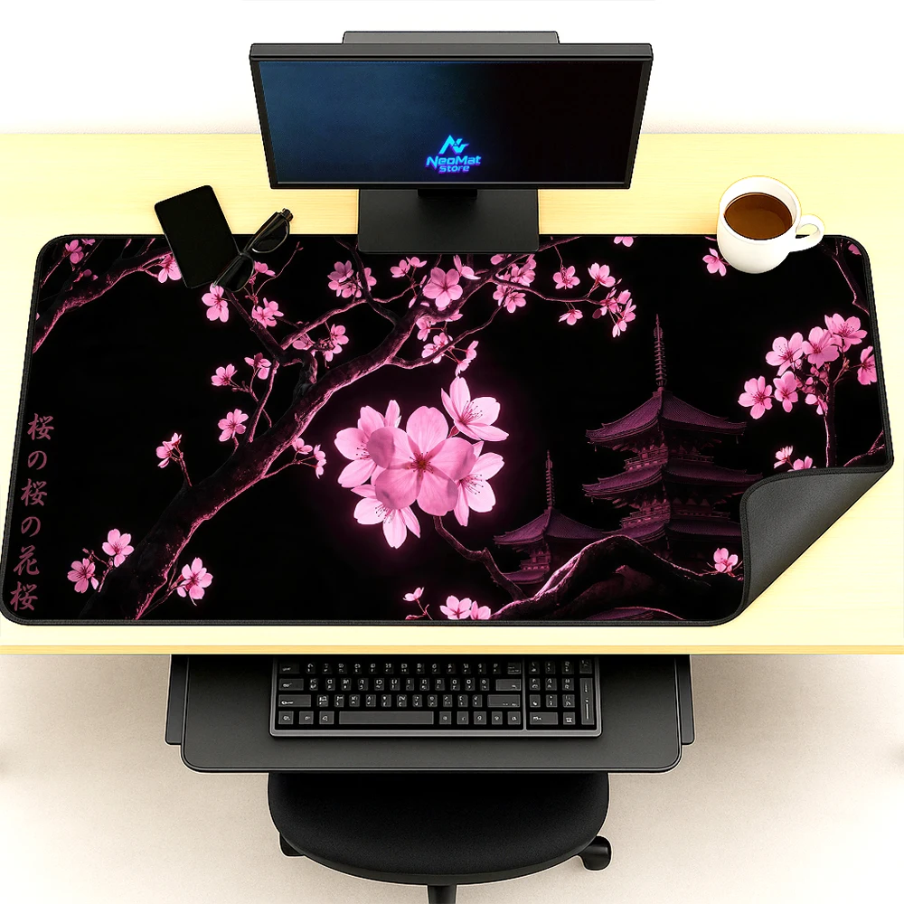 Japanese Mousepad 120x60 Gaming Blossom Pink Playmat Cherry Night Temple Aesthetic Very Thick Room Decor