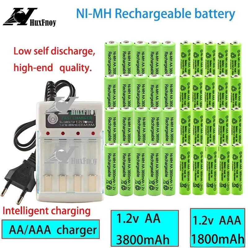 Long Lasting AAA Rechargeable Batteries, 1.2V aaa 1800mAh, 1.2V AA3800mAh  Ni-MH Battery for Microphone and Camera with Charger