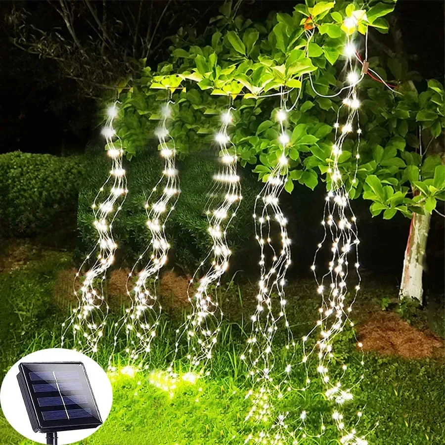 100/200LED lampu tali Air Terjun peri surya dekorasi pohon Natal pernikahan liburan lampu karangan bunga Cabang anggur luar ruangan