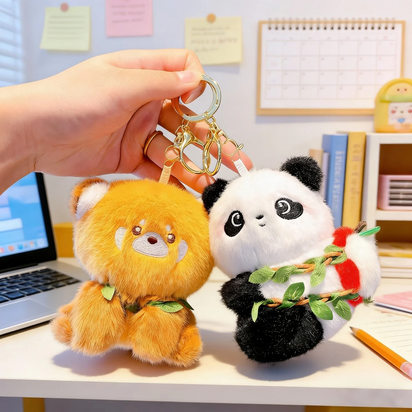 

Kawaii Panda Plush Keychain - Mini Fruit Backpack Design, Collectible Cute Charm for Her Squishy Cute Panda Fruit Bag Charm