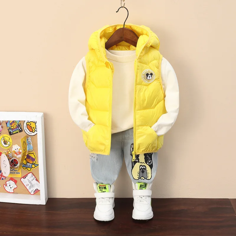 New Autumn Cartoon Mickey Mouse Boys Down Vest Winter Baby Bright Hooded Waistcoat Cotton Outerwear Kids Jacket Children Clothes