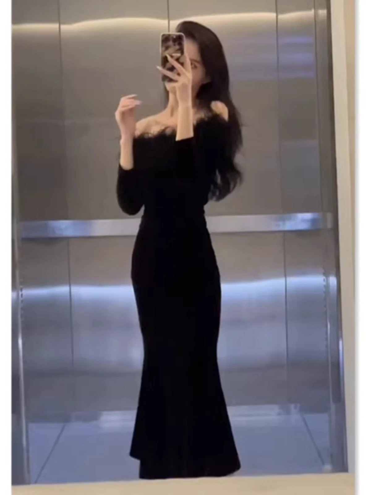 

Ele Velvet Evening Dr with Feather oulder for Birthday Par High Waist Fi Tail Long Sve Faionable Women's Dr