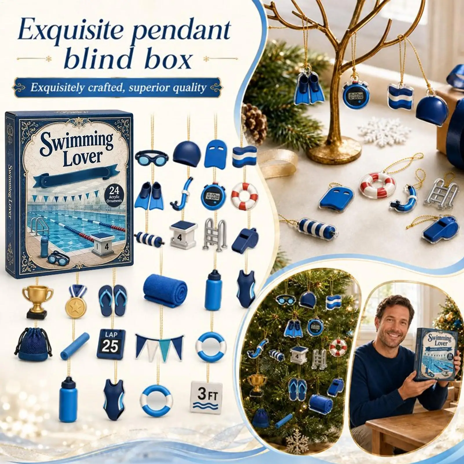 Christmas Advent Calendar 2D Acrylic 24 Days Swimming Collectible Decor Xmas Tree Countdown Ornaments Set for Swimming Lovers