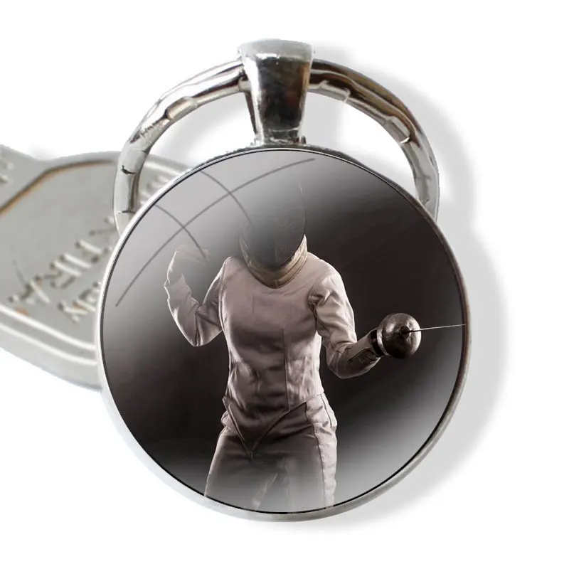 Sport fencing Keychain Handmade Glass Cabochon Key Ring Holder Pendant Key Chains