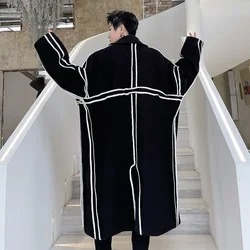 Striped Men's Cloth-trimmed Black Windbreaker Spring Autumn New Double-breasted Lapel fit Overcoat Casual Trench Coats