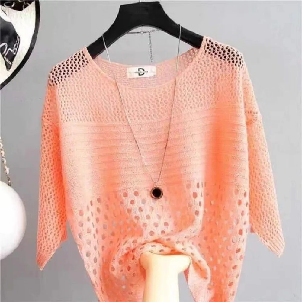 Fashion Hollow Out Knit Sweater Round Neck Crochet Knit Crochet Pullover Loose Fit Lightweight Hollow Out Top Streetwear