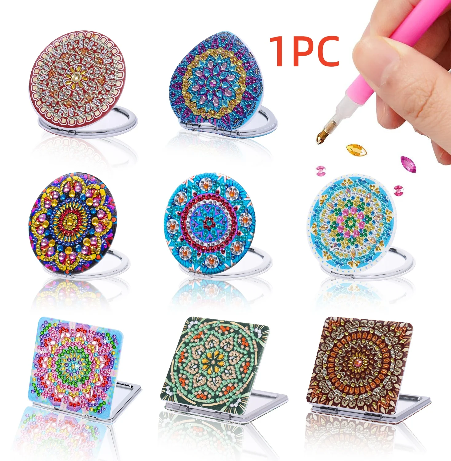 1PC Diamond Mosaic Portable Mirror, PU for daily makeup & home decor.