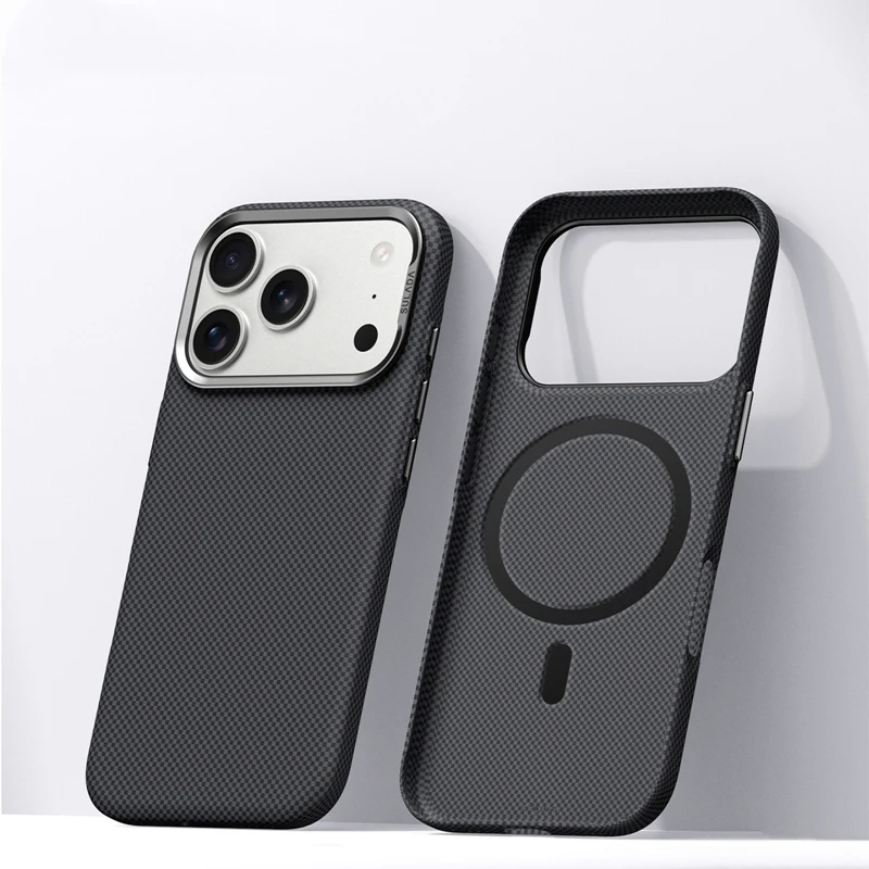 Magnetische Matte Handyhülle aus Legierung mit Einfarbigem Glas für iPhone 17 18 Pro Max 16 Pro, Carbonfaser-Textur, Kabellose Ladung, Rückseitenabdeckung – Detail 13