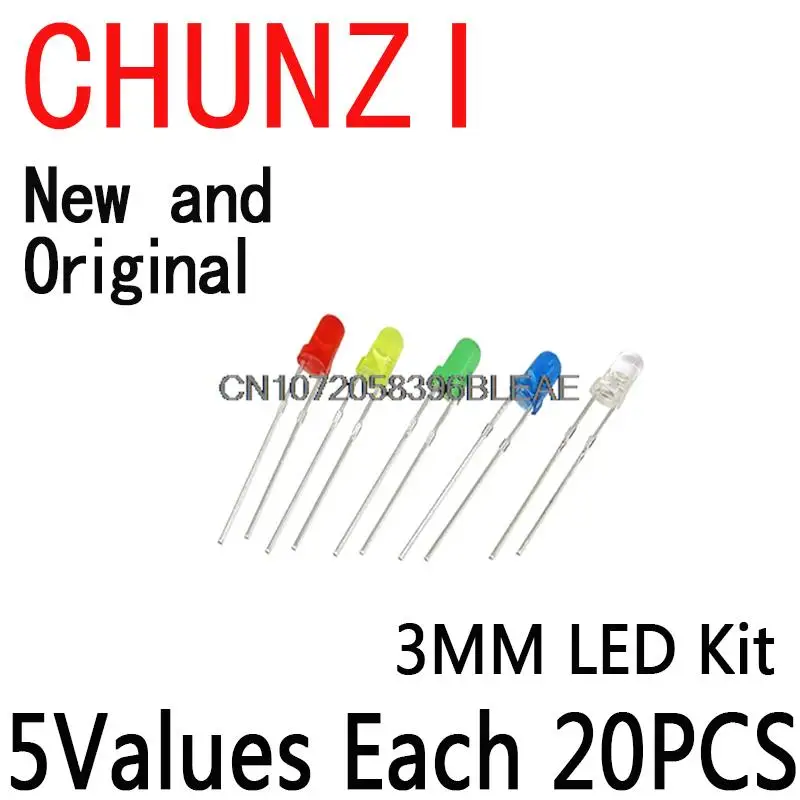 100PCS Diode Light Assorted 5Colors*20PCS F3 White Yellow Red Green Blue  Component DIY Kit 3mm LED Kit