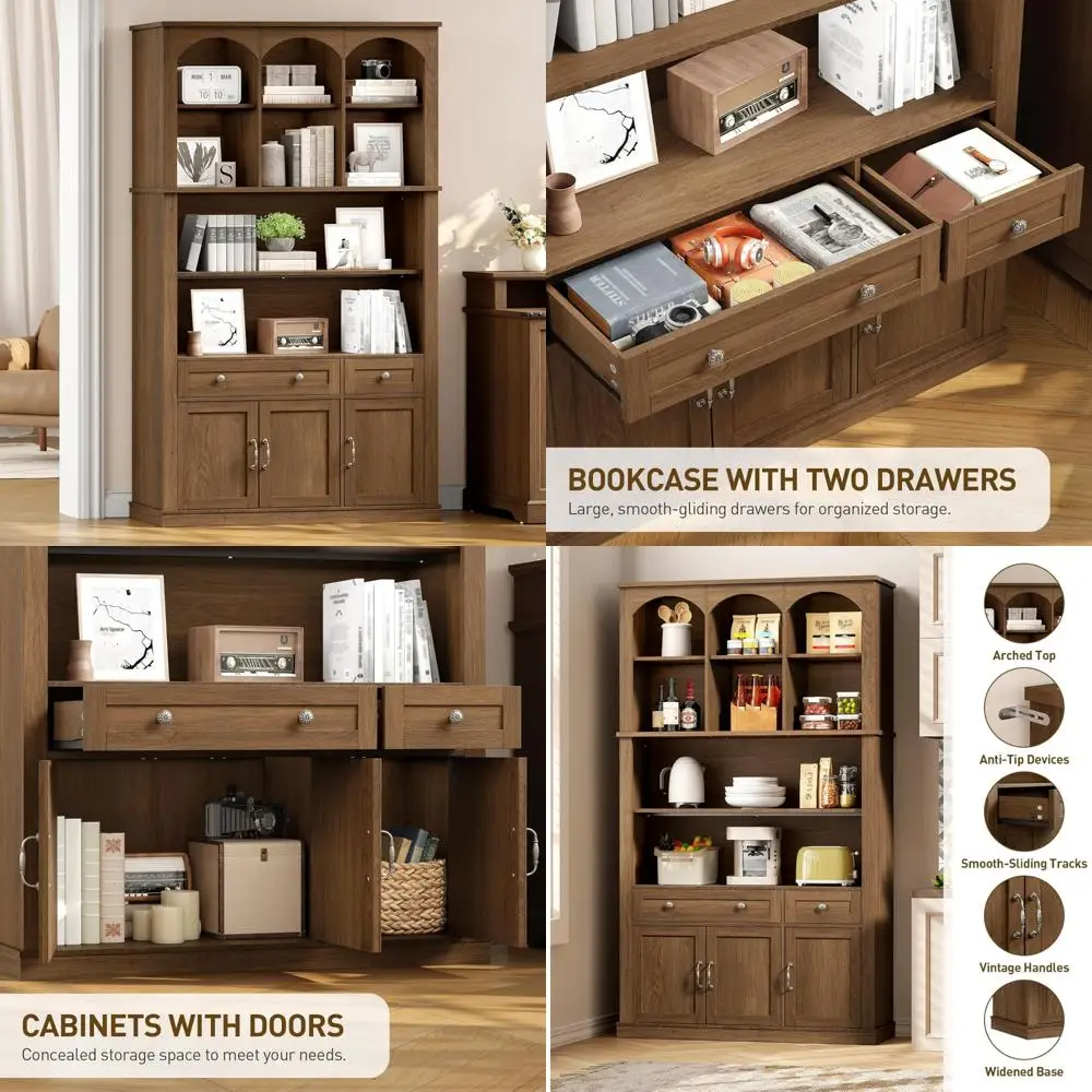 Современная 6-уровневая арочная книжная полка середины века с ящиком для хранения и дверцей, высокий напольный книжный шкаф в стиле фермерского дома