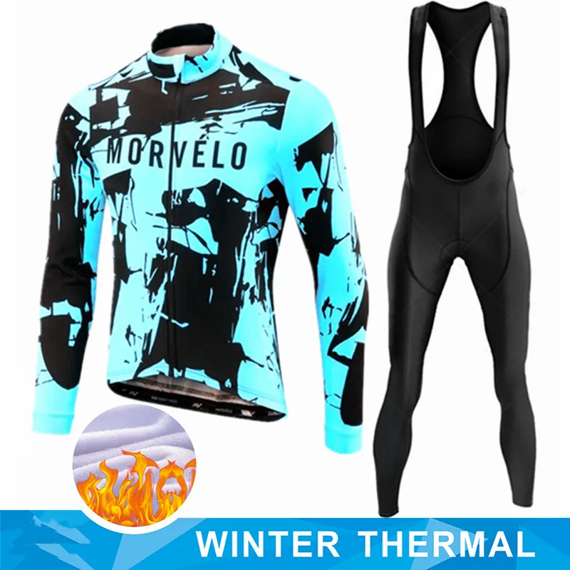 MORVELO Winter Thermal Fleece Long Sleeve Cycling Jersey Set Bib Pants Ropa Ciclismo Bicycle Clothing MTB Bike Men Pro Team Suit view 2