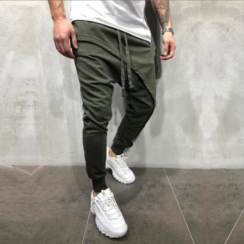 Pants Drawstring Sporty Pant Solid Color Long Men Asymmetric Double Layer Running Pants