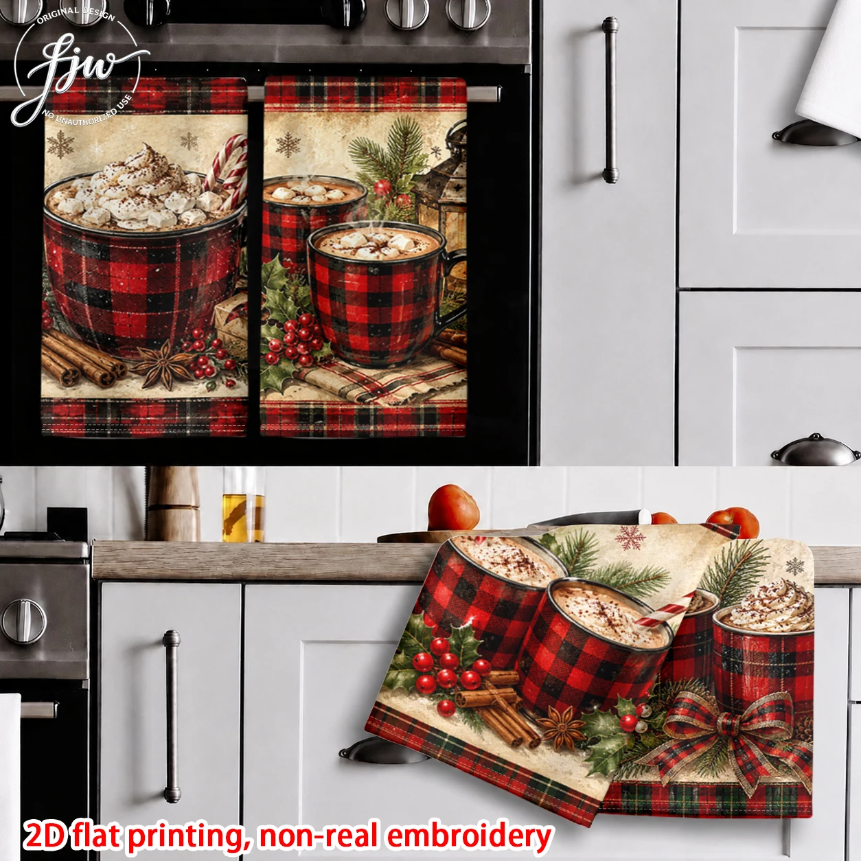 6pcs Vintage Christmas Buffalo Plaid Hot Cocoa Kitchen Towels Retro Xmas Winter Holiday Dish Towels for Cooking Baking