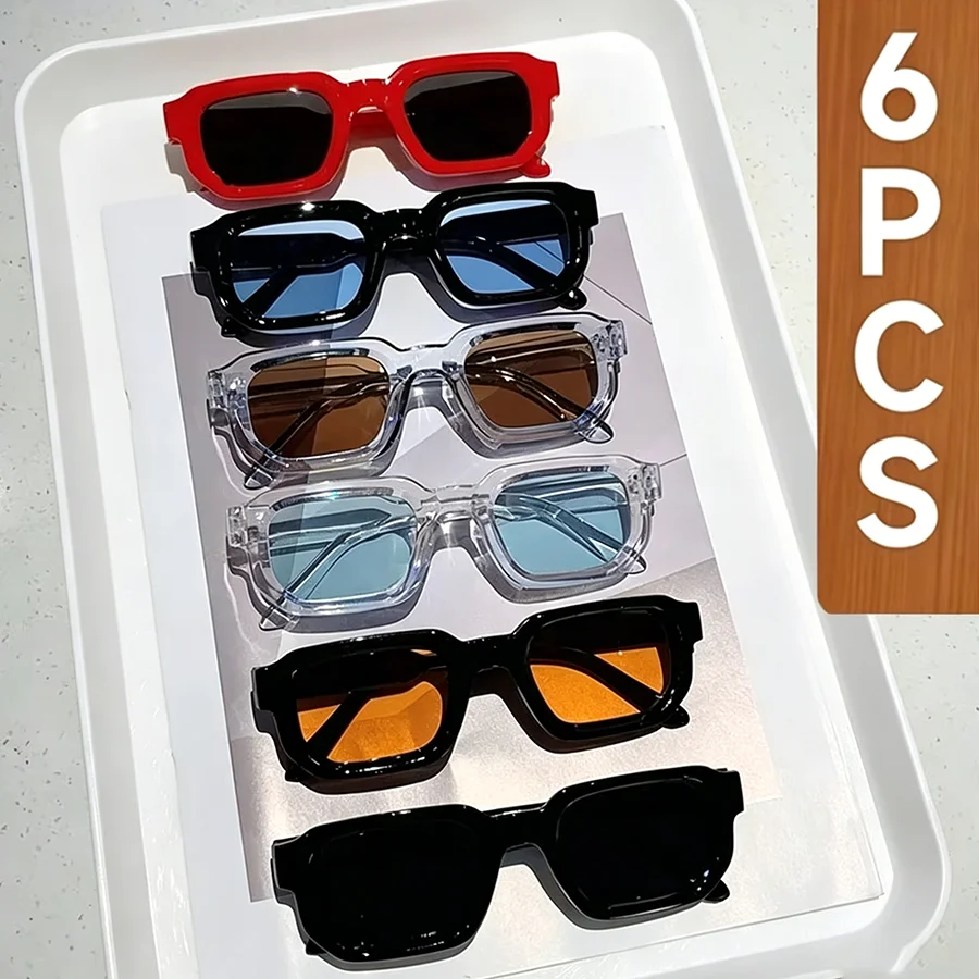 Lot de 6 Lunettes de Soleil Vintage Rectangulaires pour Femme, Style Rétro Tendance, Design de Marque de Luxe, Lunettes de Vue pour Homme