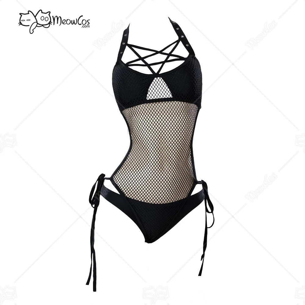 

Meowcos Women Gothic Black Fishing Net Cutout One Piece Swimsuit Pentagram Cross Strap Bathing Suit with Bottoms