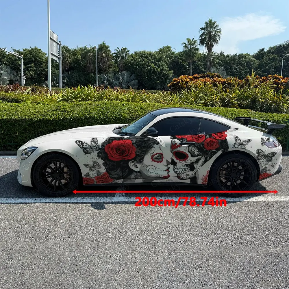 2pcs Black White Skull Lovers Car Side Wraps, Self-Adhesive PVC Waterproof & Scratch-Resistant Stickers, Car Accessory Gift