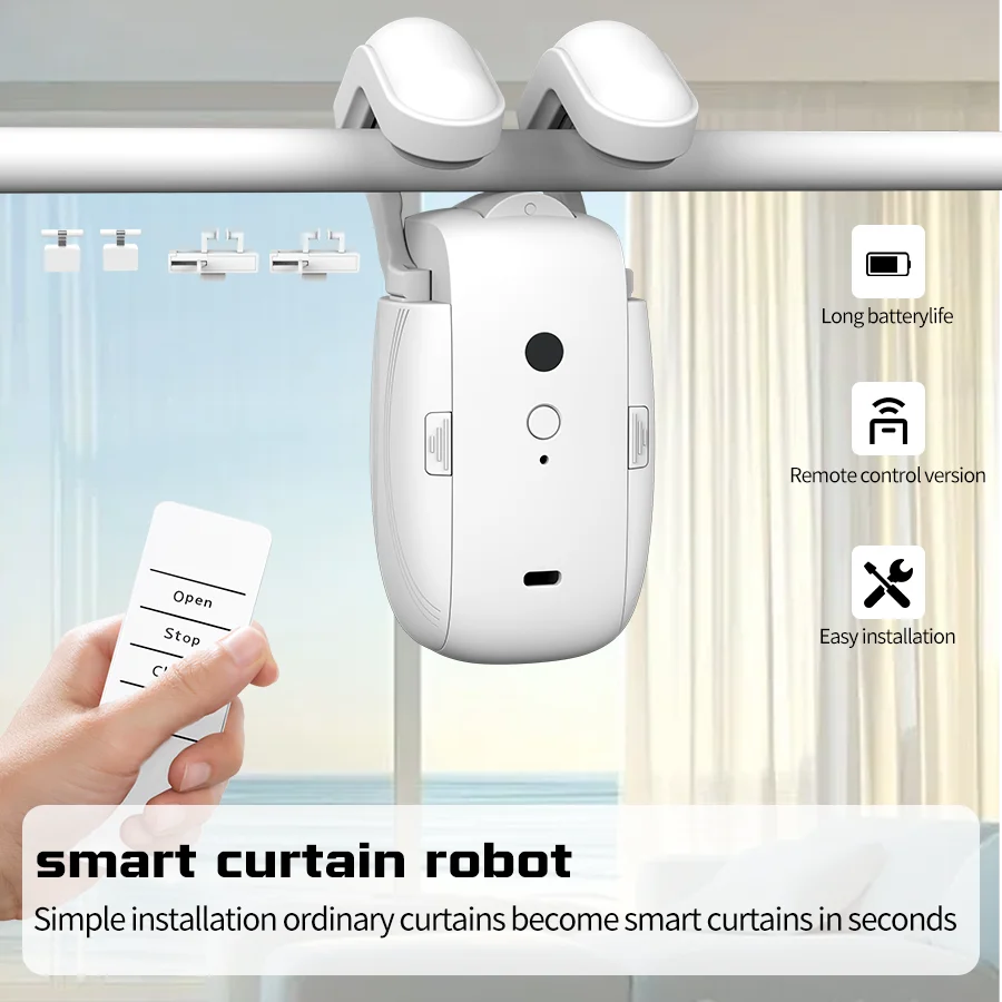 Control remoto del botón del robot del motor de cortina: sin instalación, material ABS, funcionamiento silencioso, (para barra romana / pista T / U
