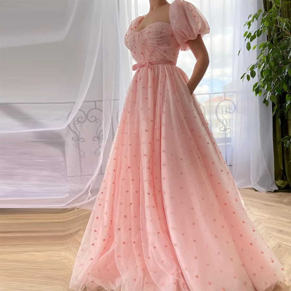 

Sevintage Baby Pink Dotted Tulle Prom Dresses Sweetheart Puff Sleeves A-Line Wedding Party Gowns Evening Dress