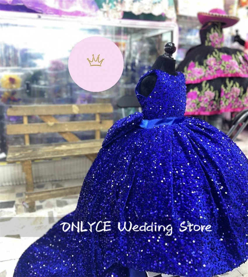 Royal Blue Velour Sequins Flower Girl Dress Pageant Wedding With Detachable Dress Bow Dress First Communion Customized 