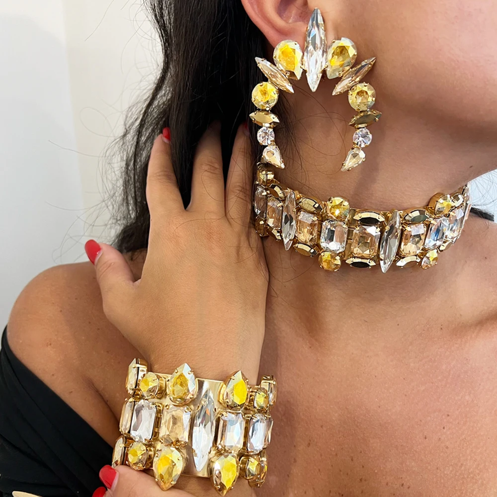 

Stonefans 3Pcs Necklace Earrings and Bracelet Sets Desiger Jewelry Dubai Bridal Crystal Exaggerated Jewelry Set Prom Costumes