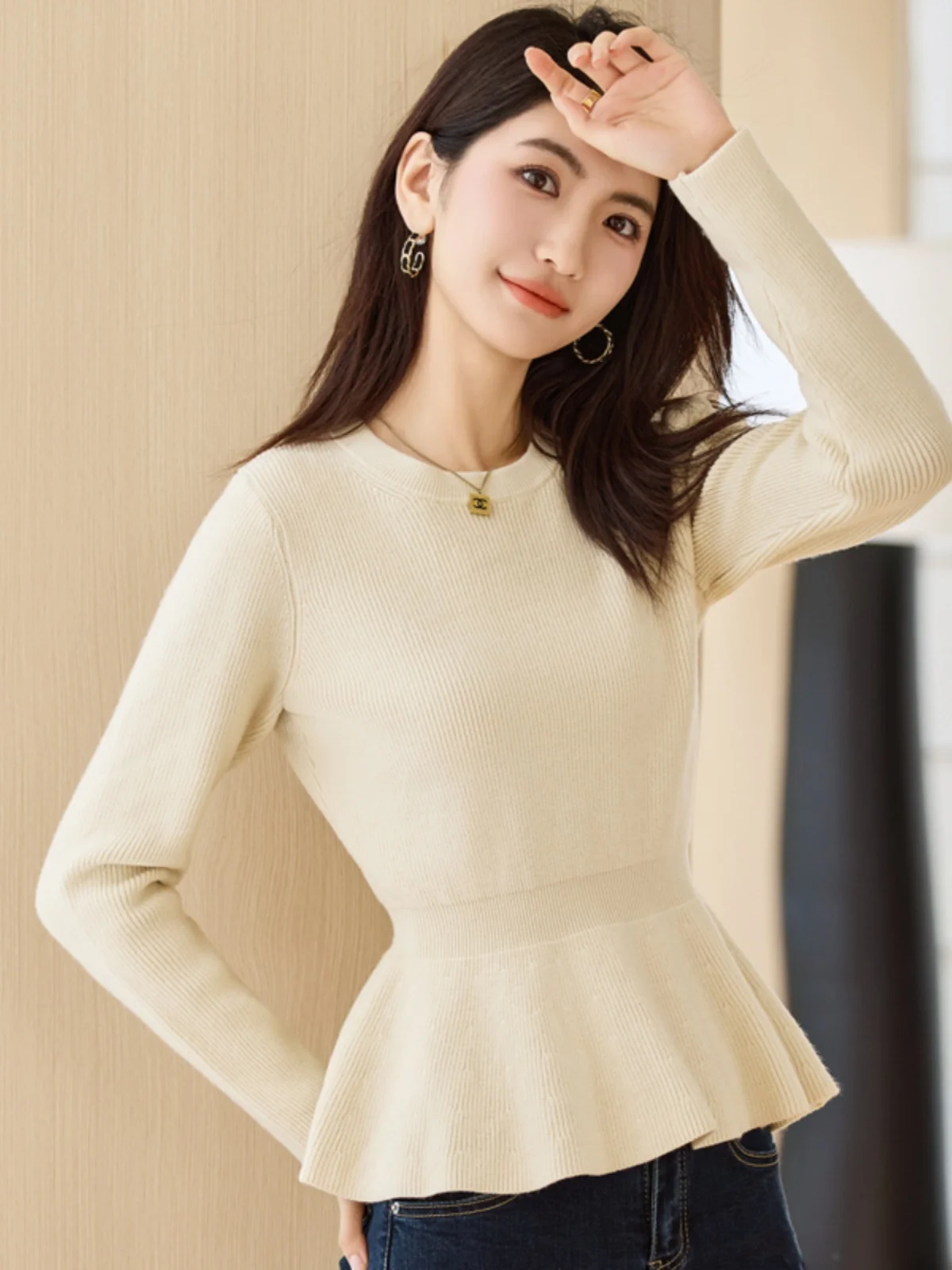 레드 니트 슬림 핏 베이스 레이어 탑 하이 웨이스트 출퇴근 패션 여성 스웨터 이너웨어 가을 겨울 의류