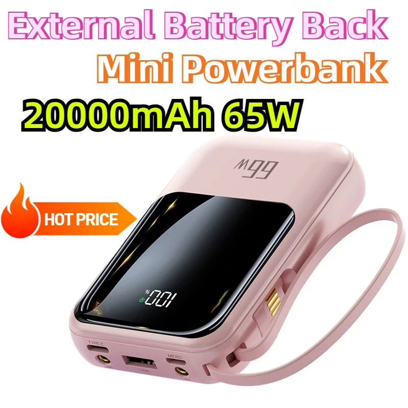 For Huawei Xiaomi IPhone 14 Redmi 9 Mini Powerbank Built in CablesPower Bank 20000mAh 65W Fast Charging External Battery Back