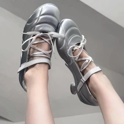 Women's Lace Up Ballet Shoes Round Toe Comfortable Loafers Non-slip Solid Colour Lightweight High Heels Zapatos Tacon Mujer