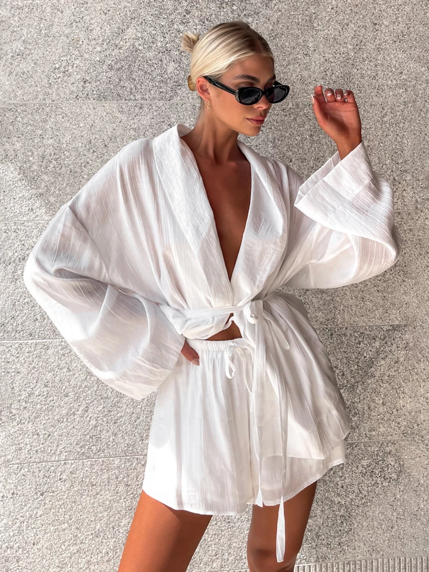 Marthaqiqi White Women Nightgown Suit Long Sleeve Robe Turn-Down Collar Bathrobe Lace Up Pajama Shorts Casual Ladies Nightie Set